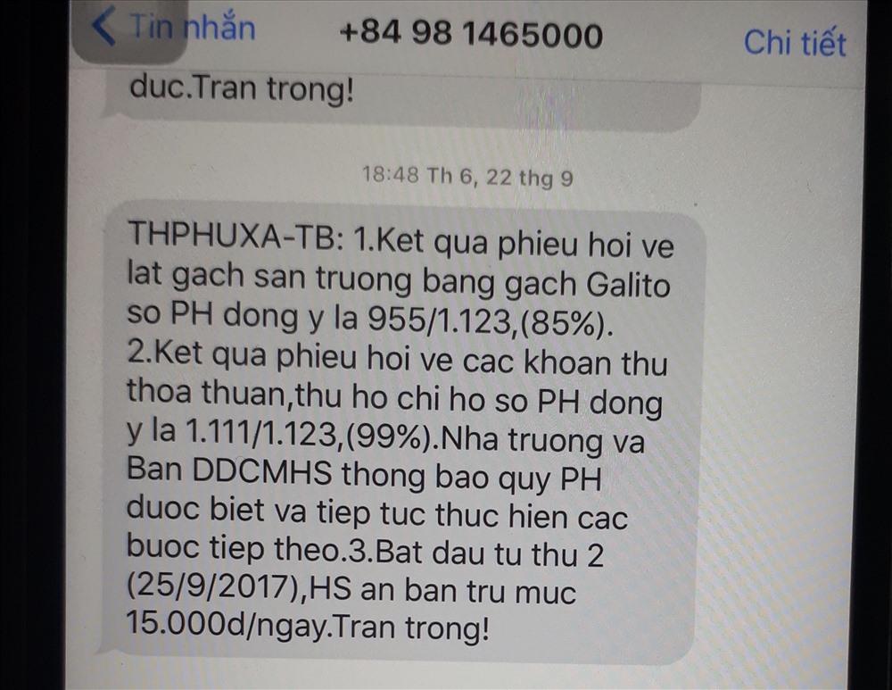 Thông báo của nhà trường về kết quả lấy ý kiến phụ huynh. Ảnh: PHCC