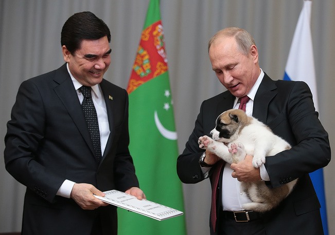 Ngoài Tổng thống Turkmenistan, các nhà lãnh đạo Nhật, Bulgaria cũng tặng Tổng thống Nga những chú chó làm quà mừng. Ảnh: Tass