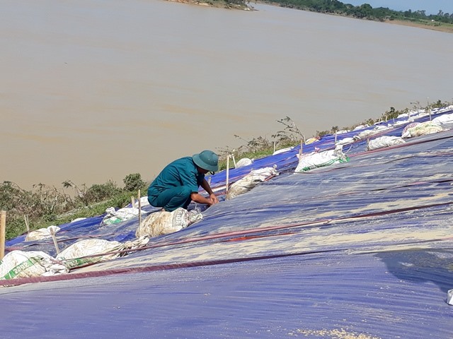 Trưa 14.10, chính quyền xã đã lập chốt không cho các phương tiện qua lại vùng đê nguy hiểm và cử người trông coi, túc trực. (Ảnh: HT)