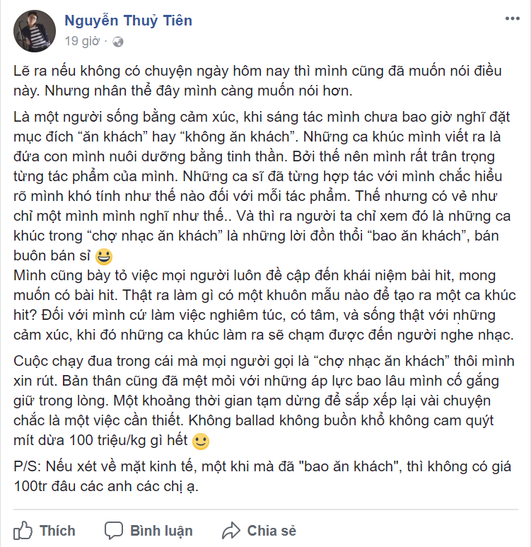 Dòng trạng thái của Tiên Cookie trên Facebook của mình. Ảnh chụp màn hình