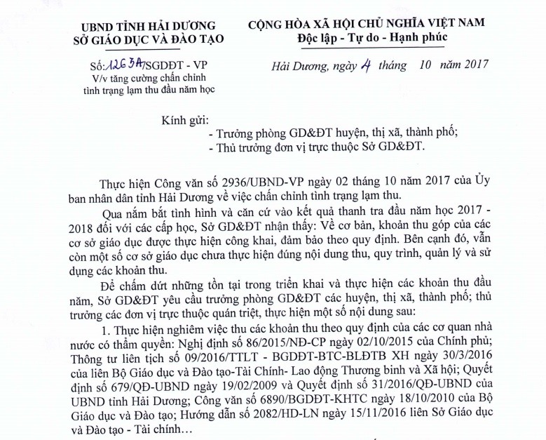 Công văn của Sở GDĐT Hải Dương yêu cầu chấn chỉnh tình trạng lạm thu đầu năm học. Ảnh T.V