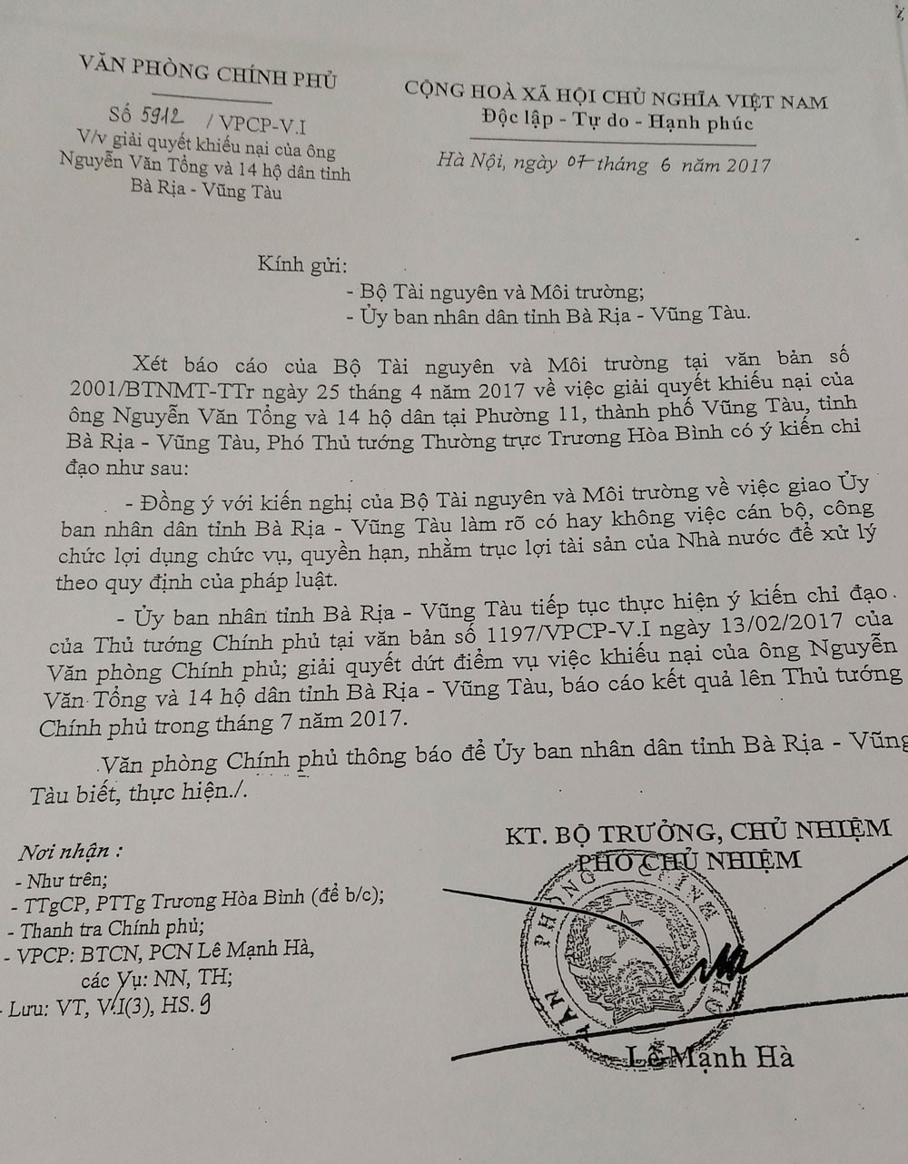 Văn bản chỉ đạo của Chính phủ về việc bồi thường cho 15 hộ dân.