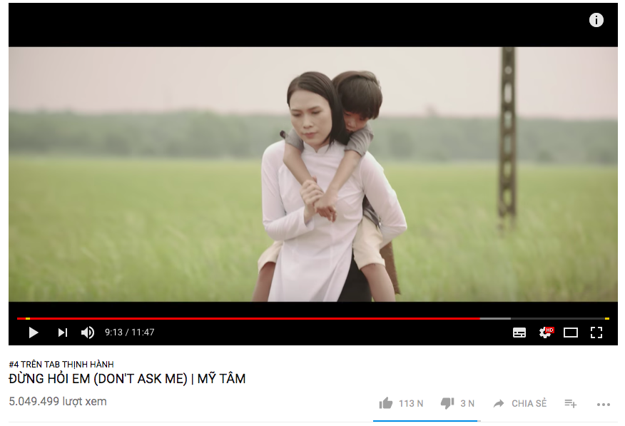 MV mới của Mỹ Tâm bị tụt xuống hạng 4 trending youtube.