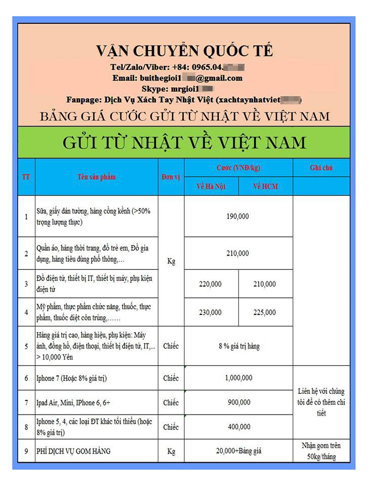 Giá niêm yết dịch vụ chuyển hàng trọn gói từ Nhật Bản về Việt Nam được công khai trên internet.