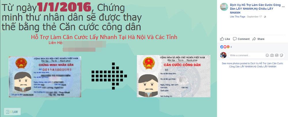 Dịch vụ “cò mồi’ làm thẻ căn cước trên mạng. Ảnh: H.N