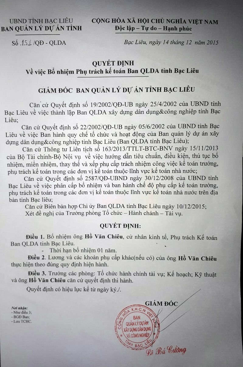 Trong khi vào năm 2015, ông Chiêu đã là kế toán của đơn vụ khác, không còn làm viên chức thuộc Sở GTVT quản lý