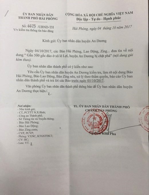 Văn bản chỉ đạo của UBND TP Hải Phòng - Ảnh CTV