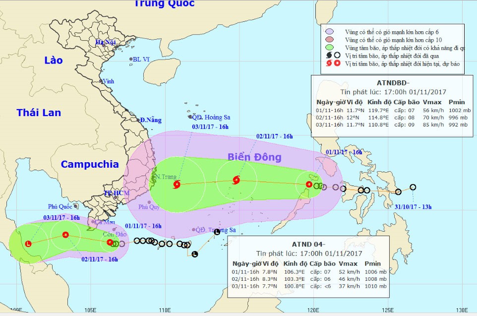 Đường đi của 2 cơn áp thấp nhiệt đới (ảnh do Trung tâm Khí tượng thủy văn trung ương cung cấp lúc 18h ngày 1.11)