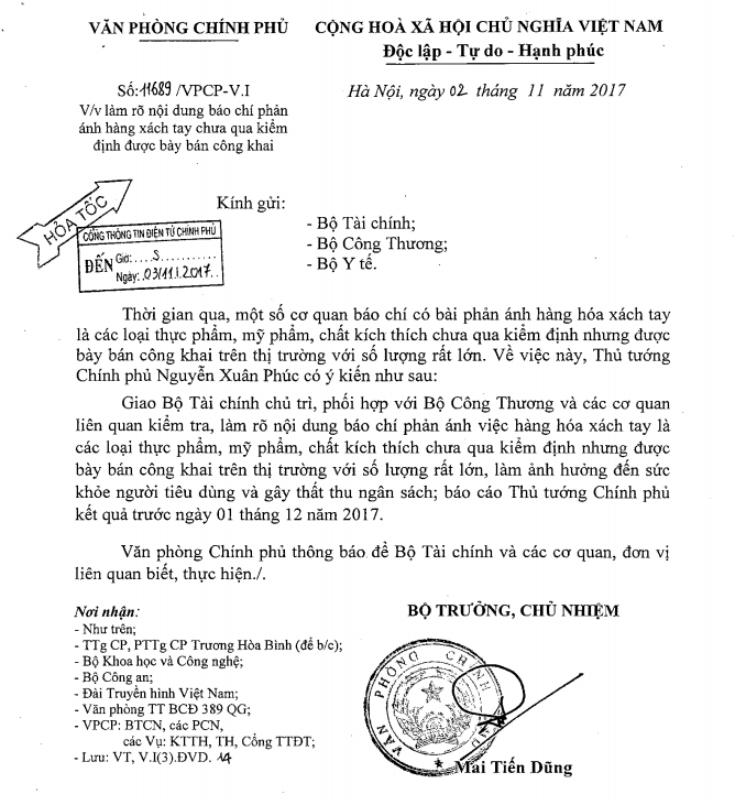 Công văn chỉ đạo của Thủ tướng Chính phủ.