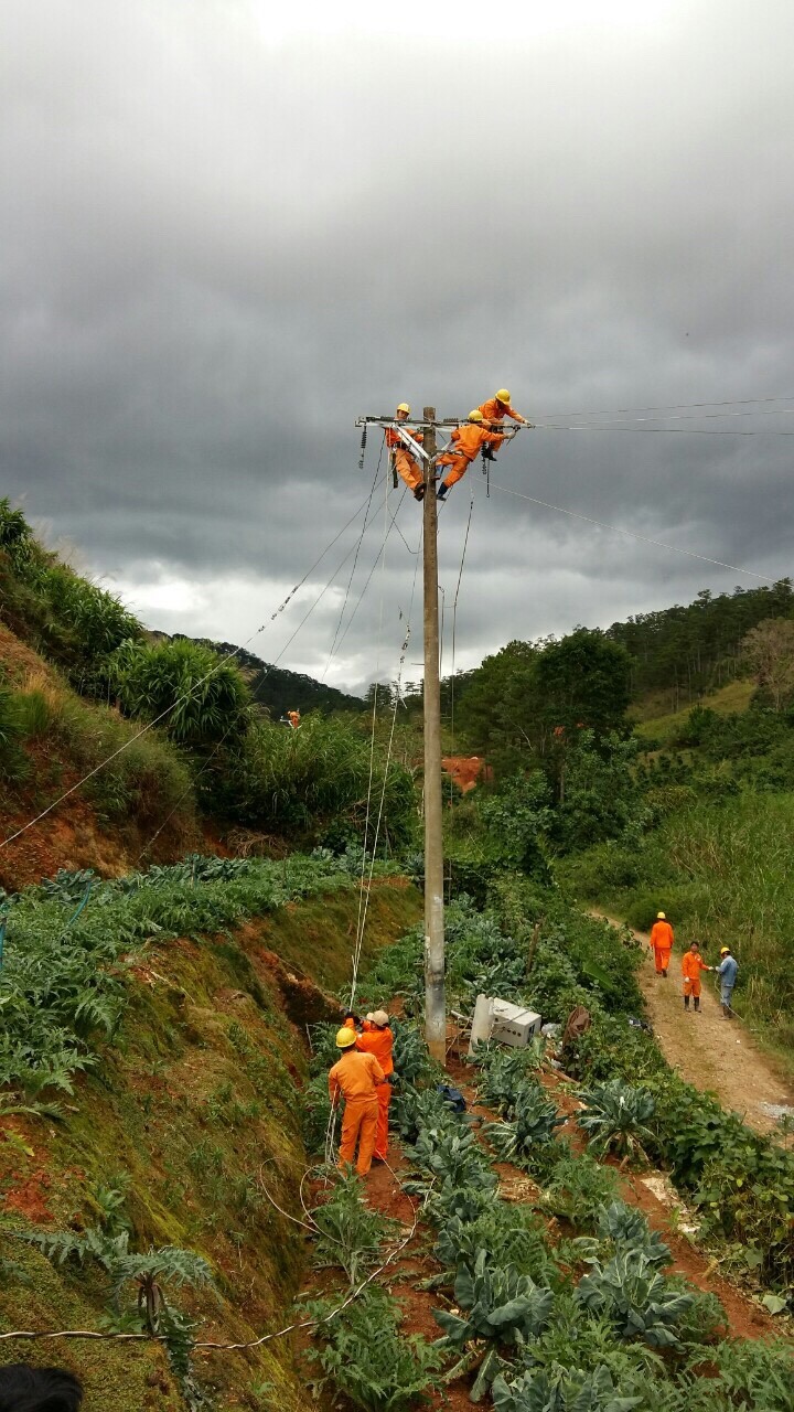 Công nhân ngành điện khắc phục sự cố sau bão số 12
