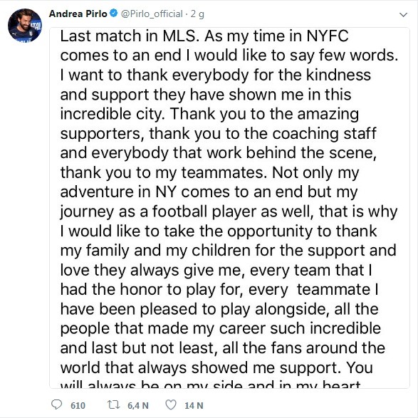 Dòng tâm thư của Pirlo. Ảnh: Twitter.