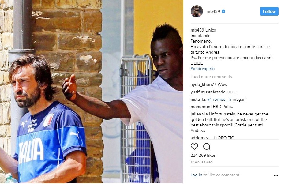 Lời tri ân Pirlo của “bad boy” Balotelli. Ảnh: Instagram.