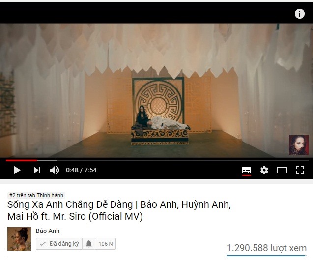 Cho đến nay, sau gần một ngày ra mắt MV mới của Bảo Anh đã đạt hơn 1 triệu lượt xem và lọt top 2 thịnh hành trên Youtube. Đây là thành tích không phải ca sĩ nào cũng dễ dàng đạt được.