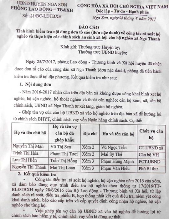 Báo cáo của Phòng lao động thương binh và xã hội huyện Nga Sơn (Thanh Hóa) khẳng định có việc vợ