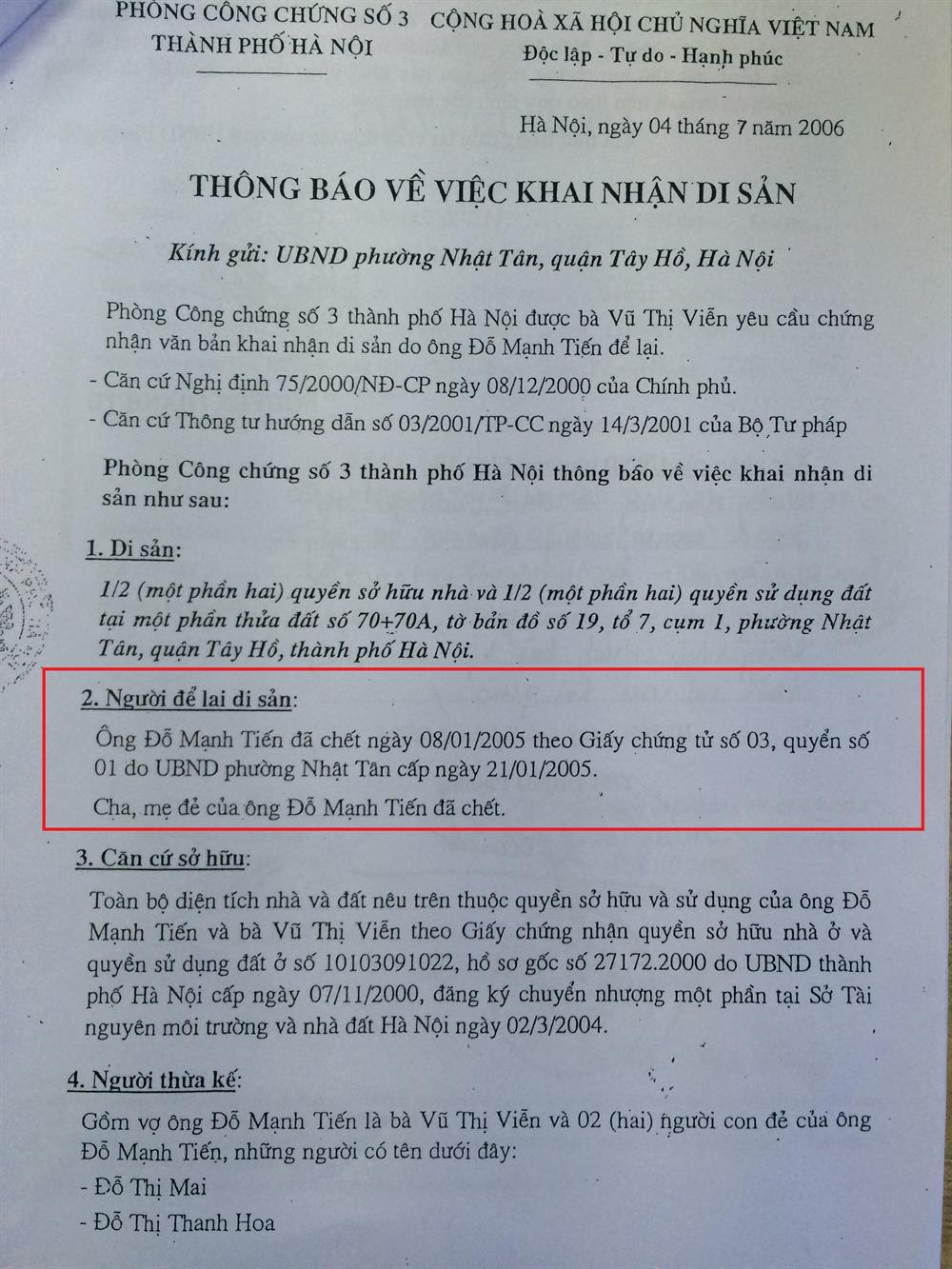 Văn bản thông báo khai nhận di sản có nội dung ông Hợp, bà An (bố mẹ đẻ của anh Đỗ Mạnh Tiến) đã chết trong khi những người này vẫn còn sống.