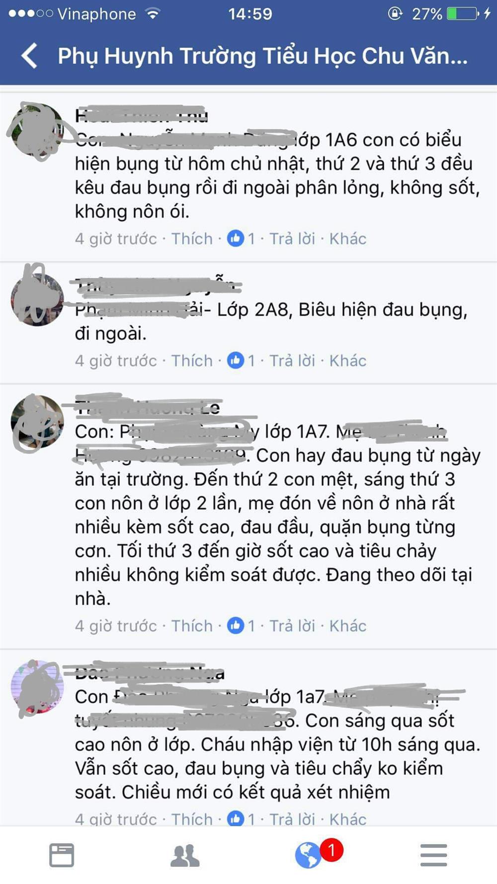 Phụ huynh học sinh chia sẻ thông tin, biểu hiện bệnh của các cháu. Ảnh: Màn hình FB
