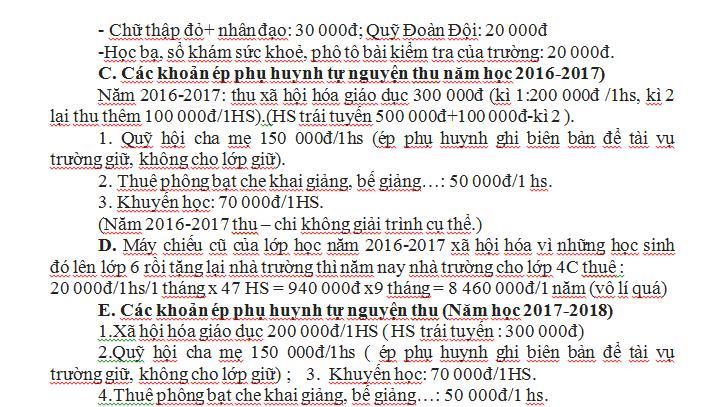 Một số khoản thu của Trường Tiểu học Hải Bối bị phụ huynh “tố” thu không đúng.