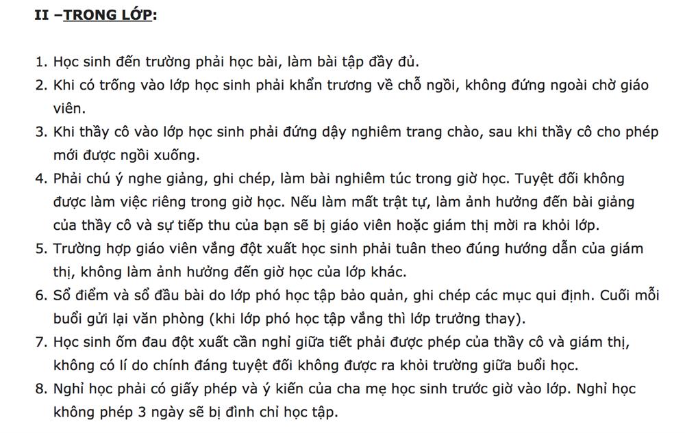 Nội quy trong lớp học của trường