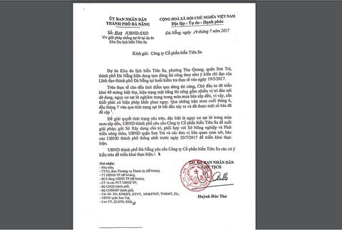 Văn bản yêu cầu Công ty Biển Tiên Sa khắc phục, trả lại thảm thực vật cho Khu BTTN Sơn Trà