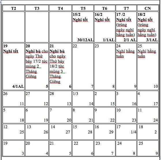 Phương án nghỉ Tết Nguyên đán 2 (Nguồn Bộ LĐTBXH)