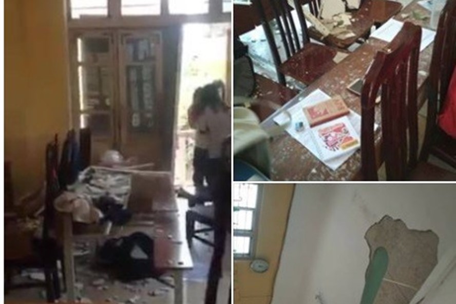 Hiện trường vụ rơi vữa trần lớp học ở Trường THPT Trần Nhân Tông.