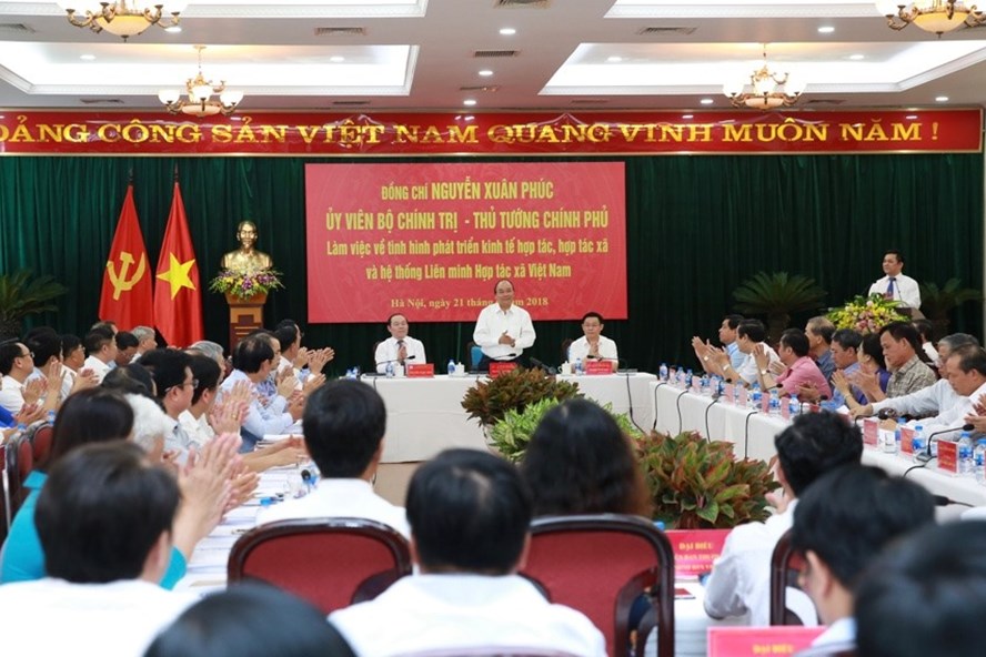 Thủ tướng Chính phủ Nguyễn Xuân Phúc làm việc với Liên minh HTX Việt Nam chiều 21.6 tại Hà Nội. ảnh: Nguyễn Hải