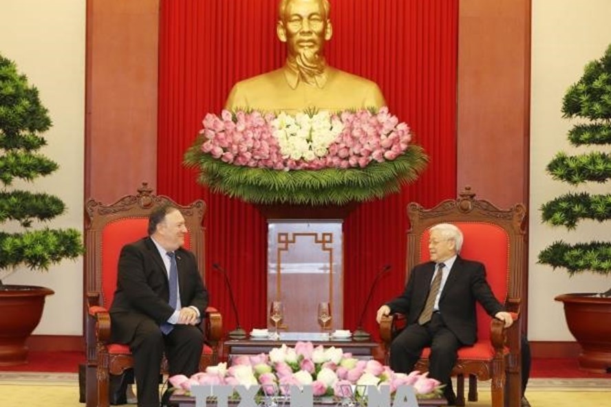 Tổng Bí thư Nguyễn Phú Trọng tiếp Ngoại trưởng Mỹ Mike Pompeo thăm chính thức Việt Nam. Ảnh: TTXVN