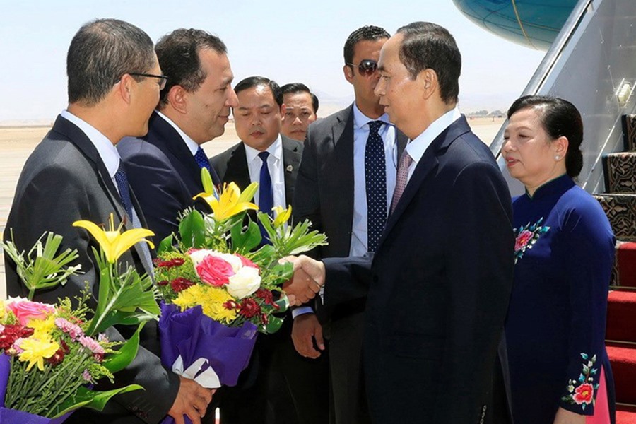 Lễ đ&oacute;n Chủ tịch Nước Trần Đại Quang v&agrave; Phu nh&acirc;n tại s&acirc;n bay quốc tế Luxor (Ai Cập). Ảnh: TTXVN