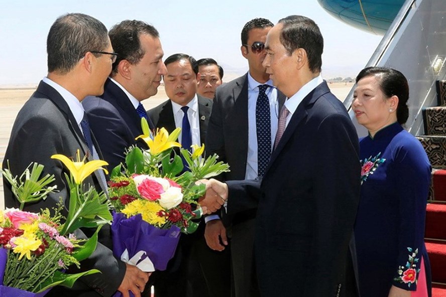 Lễ đón Chủ tịch Nước Trần Đại Quang và Phu nhân tại sân bay quốc tế Luxor (Ai Cập). Ảnh: TTXVN