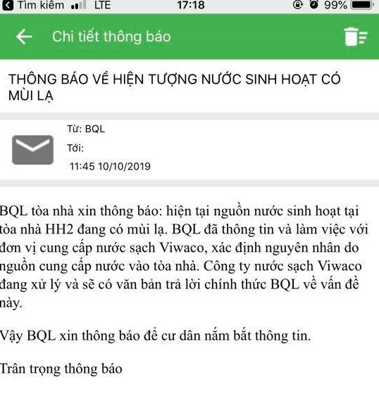 Thông báo về nước có mùi của một Ban quản lý tòa nhà chung cư ở Hoài Đức, Hà Nội.