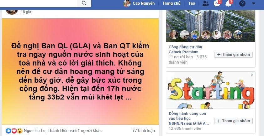 Trên một số diễn đàn người dân đã yêu cầu được làm rõ nguyên nhân nước bốc mùi. Ảnh chụp từ màn hình.