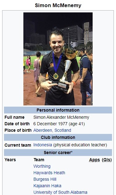 Trang thông tin của HLV Simon McMenemy trên wikipedia