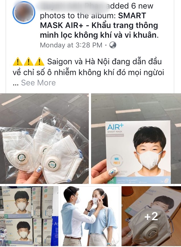 Chưa rõ công dụng của các sản phẩm khẩu trang ra sao nhưng các shop online vẫn đang quảng cáo rầm rộ khẩu trang có thể ngăn 95% bụi min PM 2.5. Ảnh: chụp màn hình FB