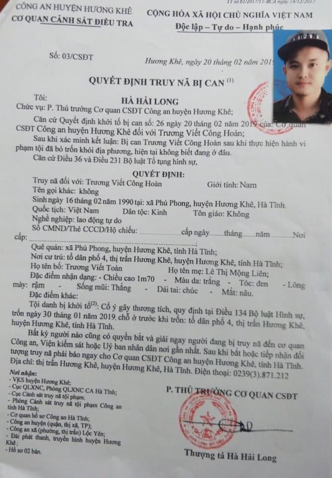 Quyết định truy nã đối tượng Trương Viết Công Hoàn.