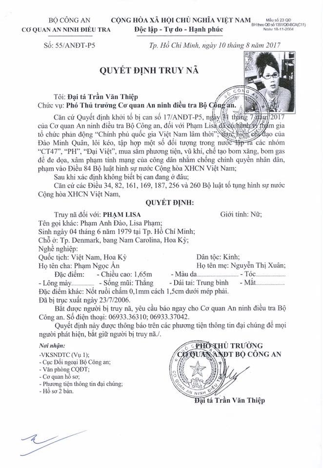 Quyết định truy nã Lisa Phạm trên Cổng thông tin điện tử Bộ Công An.