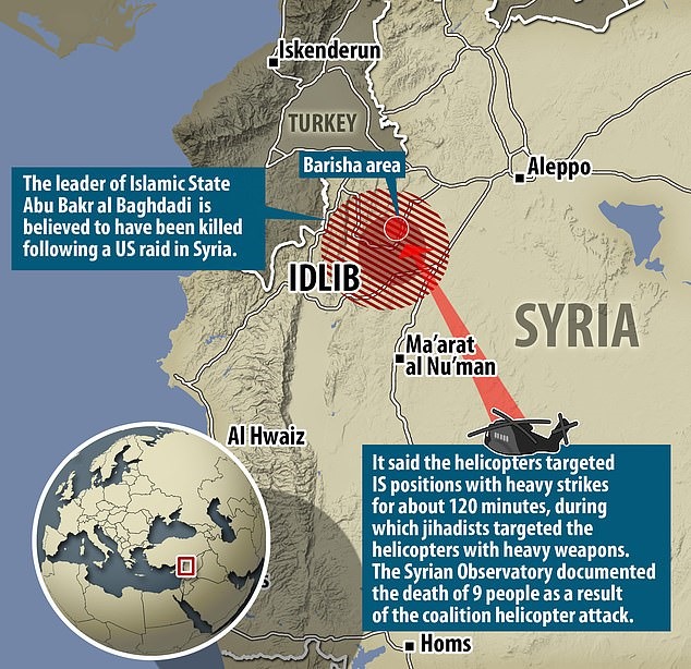 Vùng khoanh đỏ là vị trí al-Baghdadi bị tiêu diệt. Đồ hoạ: Mail