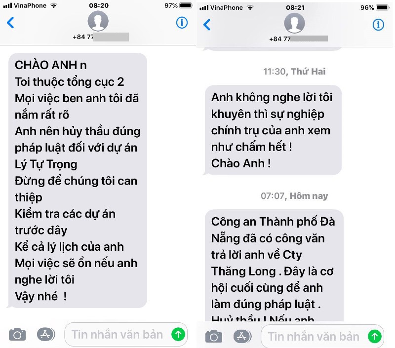 Tin nhắn gửi đến điện thoại ông Hinh. ảnh chụp lại màn hình