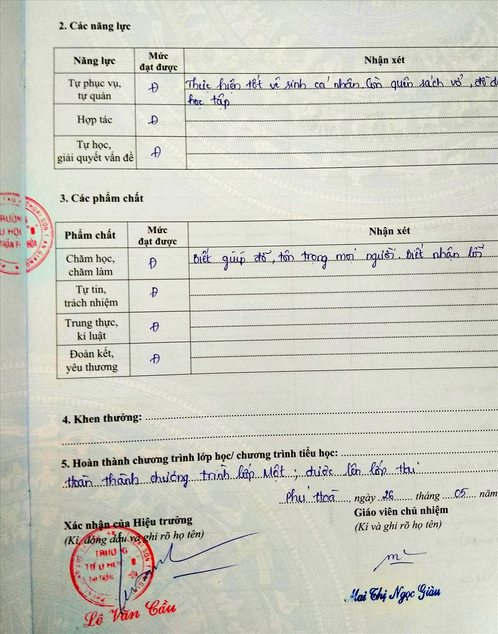 Nhận xét của cô giáo chủ nhiệm Mai Thị Ngọc Giàu về năng lực học tập năm lớp 1 của học sinh LTNQ. Ảnh: Lục Tùng