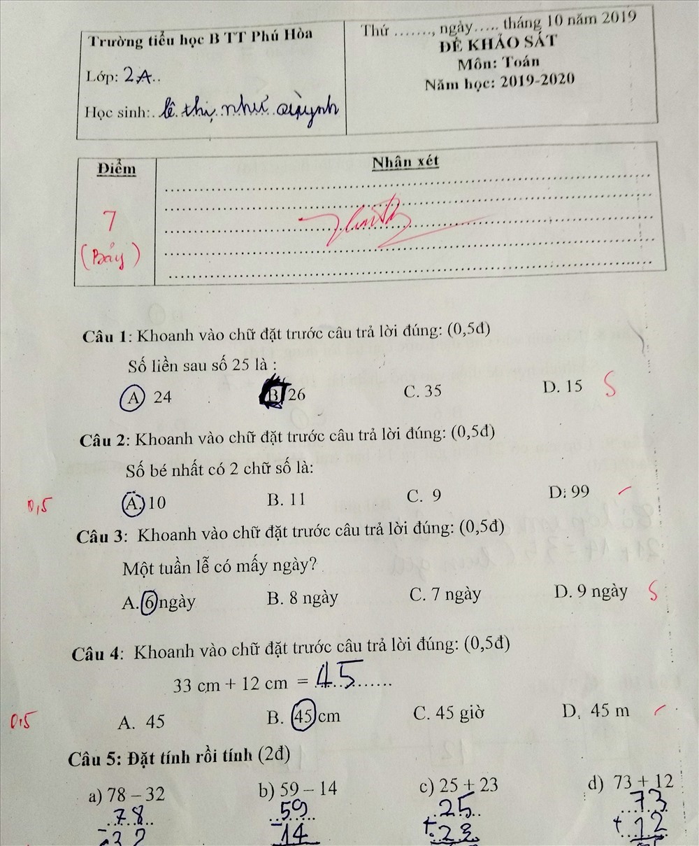Bài làm môn toán của học sinh L.T.N.Q trong buổi khảo sát chất lượng do Phòng GDĐT huyện Thoại Sơn tổ chức vào ngày 30.10.2019. Ảnh: Lục Tùng