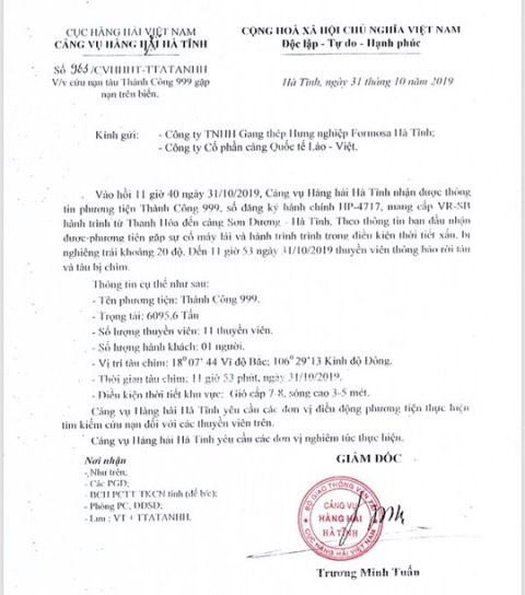 Văn bản thông báo của Cảng vụ Hà Tĩnh