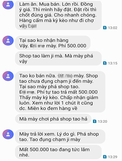 Chủ cửa hàng liên tục nhắn tin và gọi điện chửi bới với lời lẽ khiếm nhã. Ảnh PV.