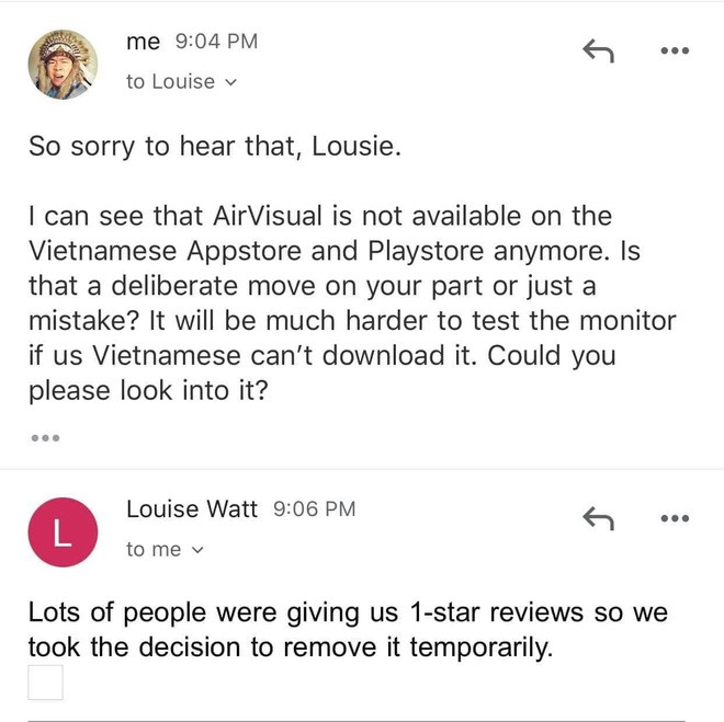 Email trao đổi giữa người dùng và đại diện AirVisual. Ảnh GenK