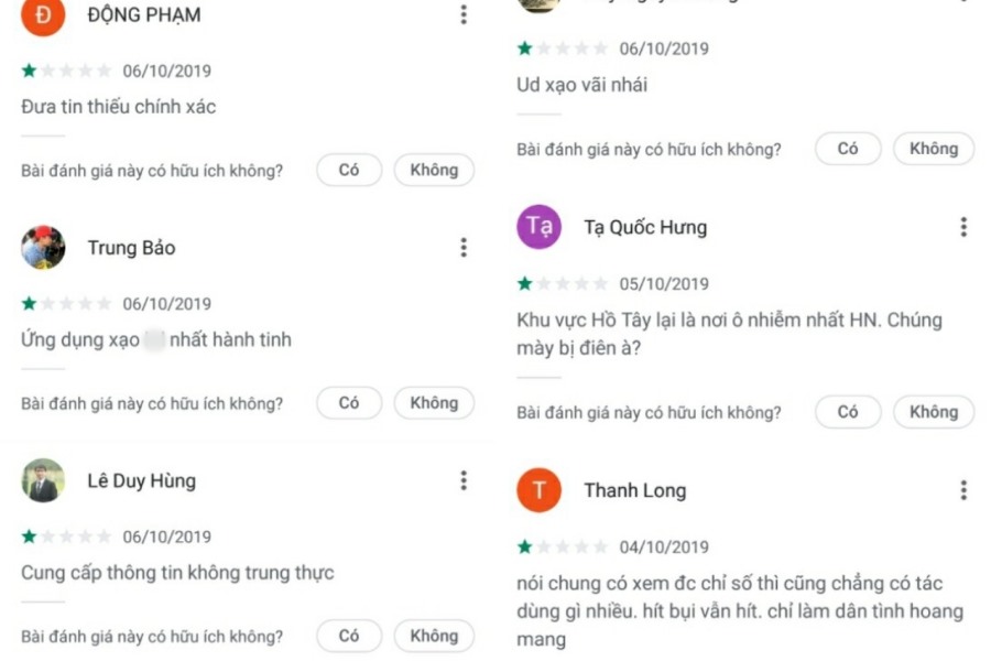 Những phần bình luận trên app của AirVisual trên PlayStore. Ảnh chụp màn hình