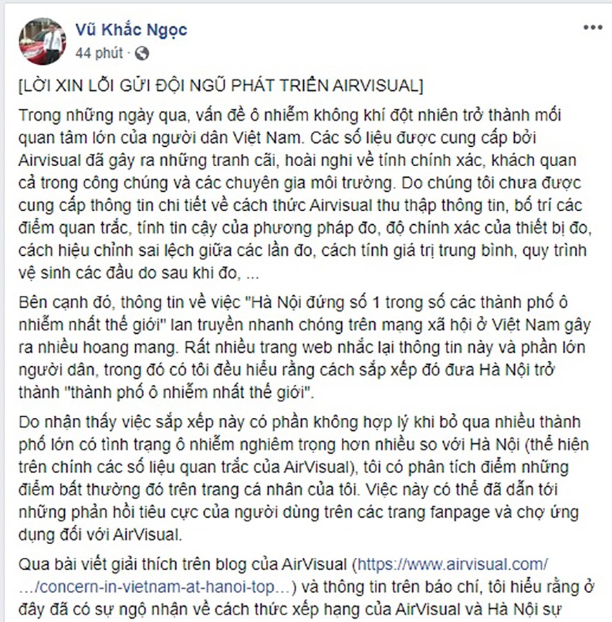Lời xin lỗi từ thầy giáo Vũ Khắc Ngọc (chụp màn hình).