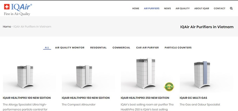 Website giới thiệu sản phẩm của IqAir tại Việt Nam (chụp màn hình).