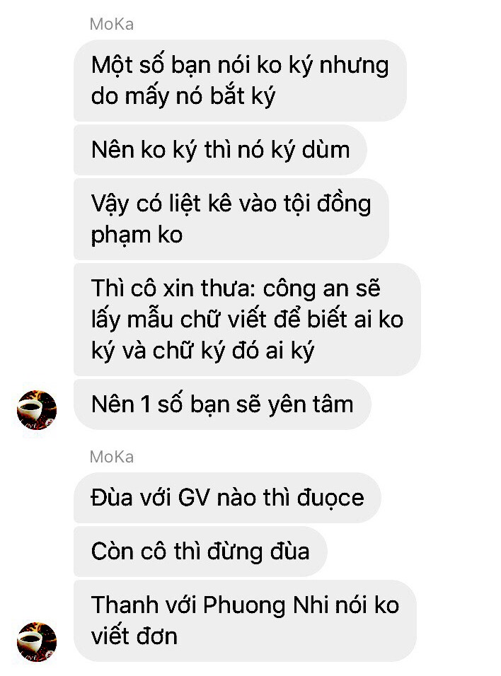 Cận cảnh nội dung tin nhắn có màu sắc như “đe dọa“. Hình ảnh do học sinh lớp 12CB1 cung cấp.