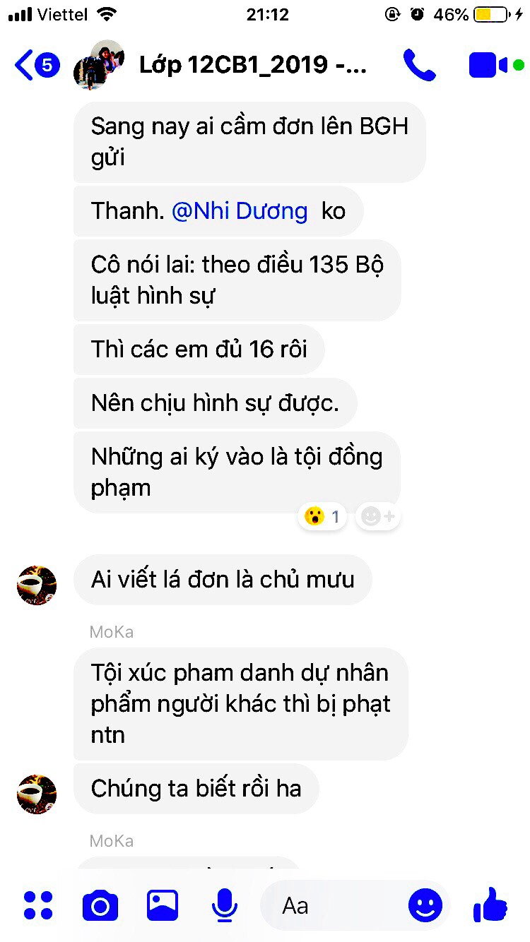 Ngay sau khi gởi đơn cầu cứu lên Ban giám hiệu, nhiều học sinh lớp 12CB1 Trường THPT Thành phố Cao Lãnh nhận được tin nhắn truy tìm người viết đơn. Hình ảnh do học sinh lớp 12CB1 cung cấp.
