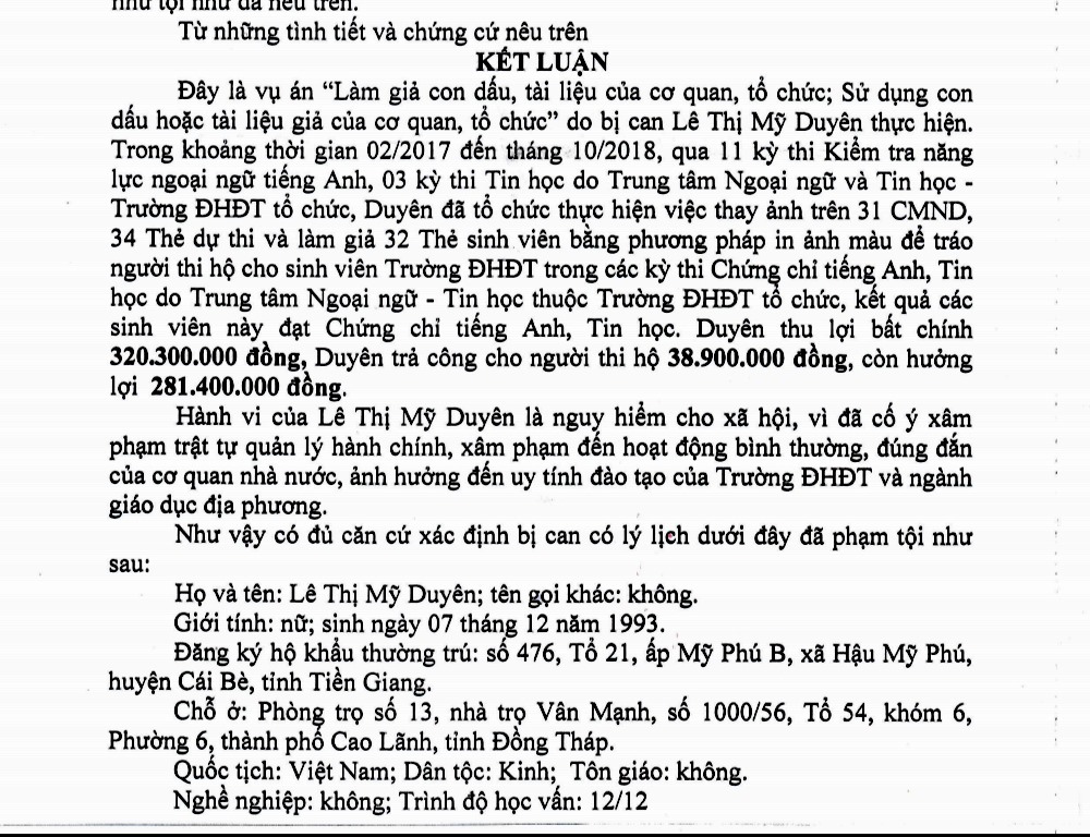 Cáo trạng của Viện Kiểm sát nhân dân TP. Cao Lãnh truy tố Lê Thị Mỹ Duyên. Ảnh: LĐ