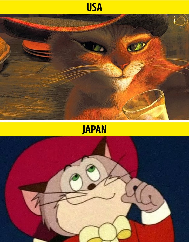 Phiên bản của hãng Dreamwork, Mỹ và phiên bản của hãng Toei. Ảnh: Puss in Boots/Dreamworks và The Wonderful World of Puss 'n Boots/Toei via Brightside.