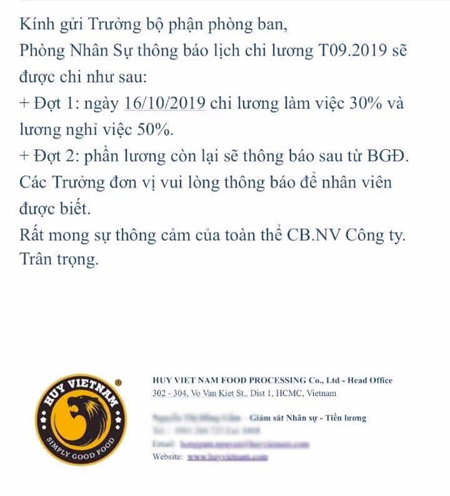 Nội dung thông báo về việc thanh toán lương cho người lao động.